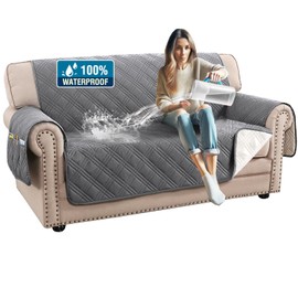 H.VERSAILTEX 100% Waterproof Loveseat Covers for 2 Cushion Couch Modern Sofa Covers Waterproof and Washable Thick Soft Couch Cover for Dogs with Elastic Straps (Loveseat, Grey/Beige)