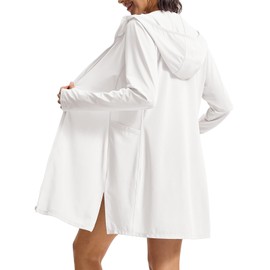 Rdruko Women's Swimsuit Cover Ups, UPF50+ Long Sleeve Beach Vacation Bathing Suit SPF Zip Hooded Shirts Lightweight Quick Dry （White，Medium）