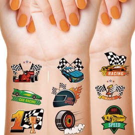 144 Pcs Race Car Temporary Tattoos Funny Checkered Flag Tattoos Pre-cut Race Car Stickers for Birthday Party Decorations Supplies Favors Gifts Men Racing School Prizes