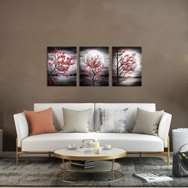 Zlove 3 Pieces Black and Red Canvas Wall Art Full Moon Red Flower Tree Painting Nature Landscape Artwork Picture Print for Bedroom Living Room Ready to Hang 12x16inchx3pcs
