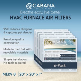 Cabana Filters 20x20x1 AC Furnace Air Filter, Merv 8 Capture Unwanted Particles, Pleated Furnace Filter HVAC AC Filters - Made in the USA - 6 Pack