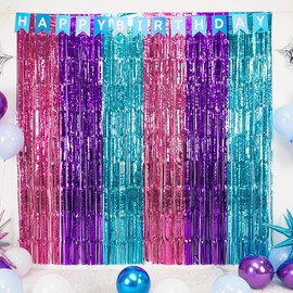 Mermaid Themed Foil Fringe Curtains, 2 Packs of 3.3x6.6 ft Blue Purple and Hot Pink Tinsel Foil Fringe Curtains Photo Booth Props for Under The Sea Photo Backdrop Mermaid Birthday Party Decorations