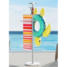 Natural Marble Outdoor Towel Rack with Weighted Base, KES 5-Feet Pool Towel Rack Outdoor for Hot Tub 18/8 Stainless Steel, Adjustable 3 Arms with Storage Tray, Brushed Finish OTR200-2