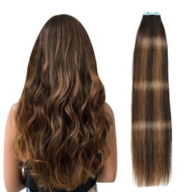 SUYYA Tape in Hair Extensions Human Hair Balayage Darkest Brown to Light Brown 18 Inch 50g/pack 20pcs Straight Seamless Skin Weft Tape in Real Human Hair Extensions(18inch #P2/8/T2)