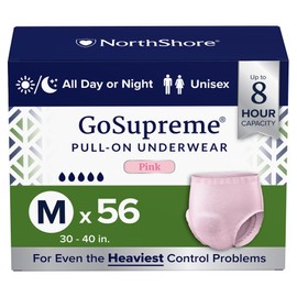 NorthShore GoSupreme Overnight Incontinence Underwear, 8-Hour Pullup Style, Medium, 56 Count Case, Pink, 30-40 inches, Unisex Adult Diapers