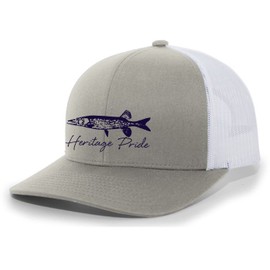 Heritage Pride Freshwater Fish Northern Pike Lake Fishing Sihouette Script Mens Embroidered Mesh Back Trucker Hat Baseball Cap, Silver/White