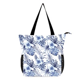 MULTIONS Large Beach Tote Bag with Zip Waterproof Shoulder Bag Beach Bag for Women with 7 Pockets for Beach Work School Trip (Blue leaf,XL)