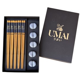 UMAI Japanese Chopsticks Set | Includes 5 Pairs of Reusable Chopsticks + 5 Ceramic Holders | Perfect for Chinese Food and Sushi | Elegant Case Ideal for Gift