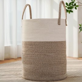 JMvicyroam Large Woven Laundry Basket Hamper,100L Cotton Rope Storage Bin for Blankets,Toys and Clothes,Decorative Tall Nursery Hamper for Living Room,Baby Nursery,Bathroom and Bedroom,Brown
