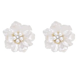 HETICA Classy Pearl Flower Stud Earrings for Women, Simplicity Flower White Pearl Camellia Stud Earrings Cubic Zirconia Earrings Jewelry Gifts