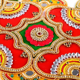 Floor Rangoli Acrylic Handcrafted Indian Traditional Home Décor for Festival Wedding Party Wall Interior Decoration and Gifting (Red Green Design-3)