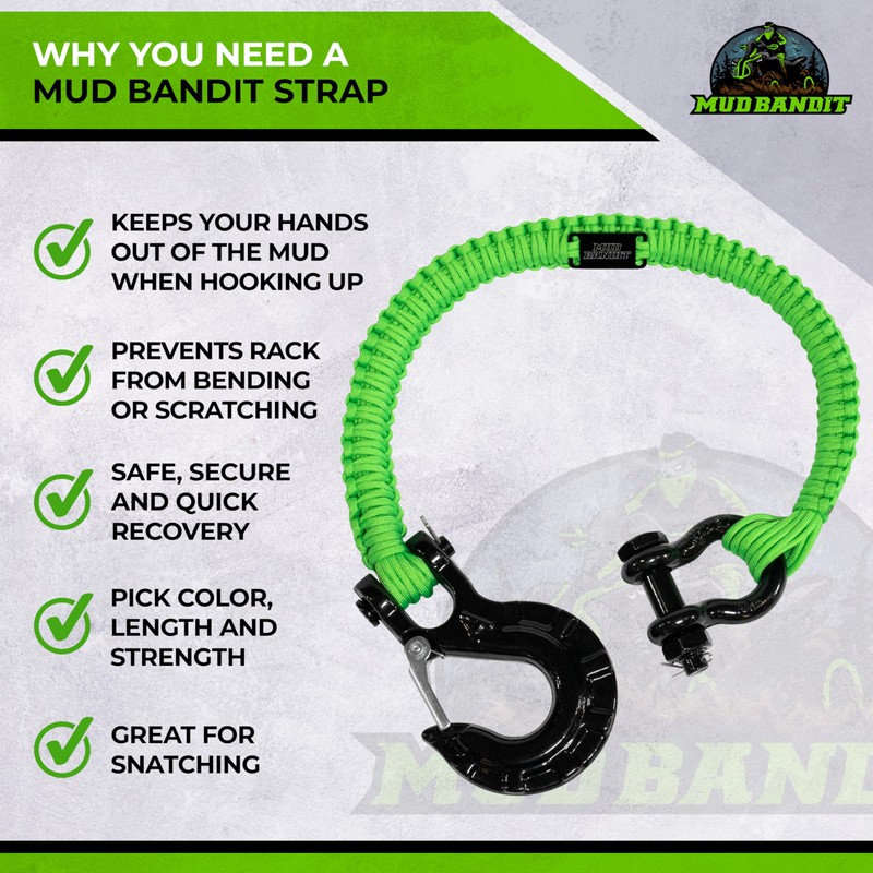 Custom Paracord ATV UTV Recovery Strap with Winch Hook and