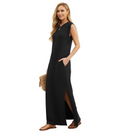 GRECERELLE Women Summer Petite Round Neck Loose Split Casual Maxi Dress with Pockets (X-Small, Black)