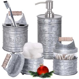 Autumn Alley Rustic Bathroom Accessories Set 4 - Galvanized Soap Dispenser, Rustic Toothbrush Holder, 2 Apothecary Jars Qtip Holder - Western Bathroom Decor – Farmhouse Bathroom Decor Accessories