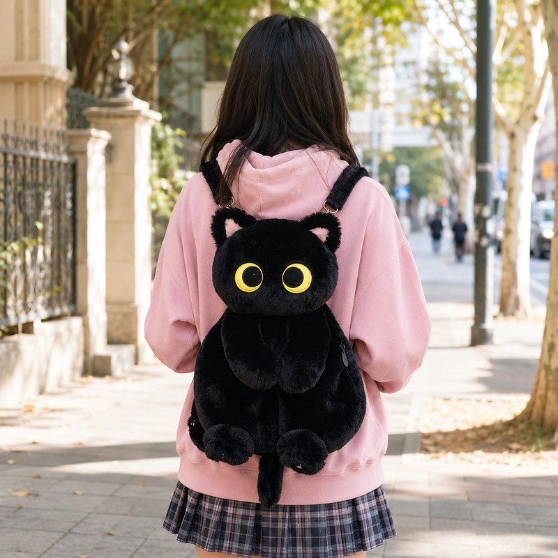 Black Cat Plush Backpack for Everyday Carry – Big-Eye Kawaii