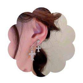 Cimenexe Bohemian Crystal Cross Drop Earrings Silver Paper Clip Stud Earrings Paved Crucifix Dangle Earrings Punk Rhinestone Cross Earrings Jewellery for Women and Girls Gifts, Zinc, No Gemstone