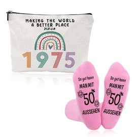 50th Birthday Gift Set for Women: 1975 Cosmetic Bag and 50th Birthday Socks, Funny Gifts Makeup Bag and Stockings for Women