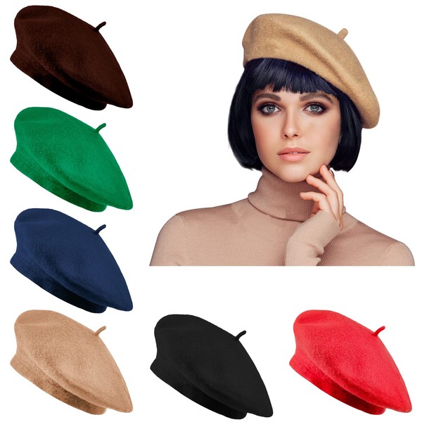Jolbndcv 6 PCS Beret Hat French Beanie Hat Outdoor Hat Winter Hat Fashion Lady Hat (Khaki, Black, red, Navy, Brown, Green, Large)