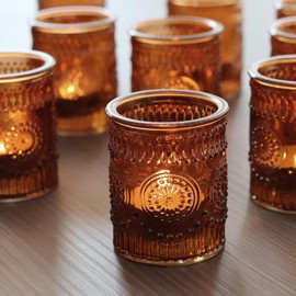 SHMILMH Amber Tealight Candle Holders Set of 36, Ribbed Votive Candle Holders Bulk for Vintage Wedding Birthday Party Christmas Table Decoration