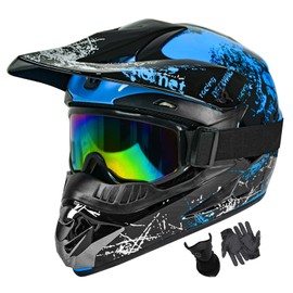 Youth Dirt Bike Helmets DOT Approved Fashion Kids Motocross, ATV, Off-Road, Four Wheelers, BMX Motorcycle Bike Helmets (Goggles Gloves Faceshield) (SH-Blue, Medium)