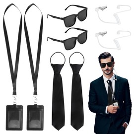 8 Pcs Men in Black Costume Accessories, Secret Agent Accessories with Tie, Sunglasses, Card Holder, Headphones, Agent Costume Accessories for Adults Child Cosplay