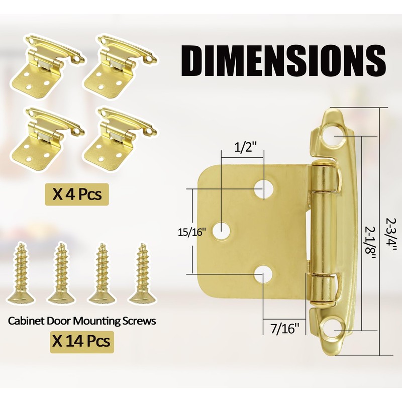 BokWin 4 Pack 1/2" Overlay Brass Gold Self-Closing Kitchen Cabinet