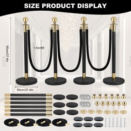4PACK Stainless Steel Stanchion Post Queue 5 ft Black Velvet Ropes and Stanchion Poles Set Crowd Control Barriers with Fillable Base Used for Party Wedding Theaters Red Carpet - Black & Gold Color