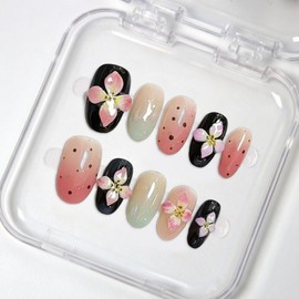 Pink Flower Press on Nails Short Almond Fake Nails Handmade False Nails with Luxury 3D Floral Designs Full Cover French Acrylic Glue on Nails Gradient Thick Stick on Nails for Women Manicure (S)