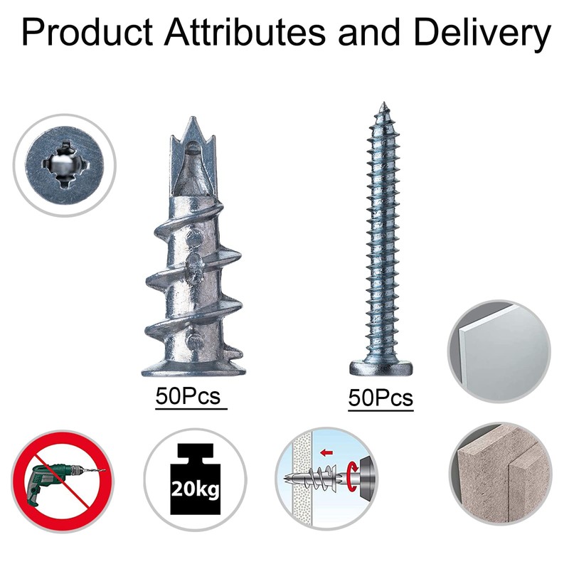 50Pcs Plasterboard Fixings, Metal Self Drilling Plasterboard Screws Raw Plugs