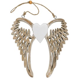 6.5" Wooden Angel Wings Ornament on Twine | White Heart or Star Center | Beautiful Decoration for Home | Window, Wall, or Christmas Tree | Made in India (Heart)