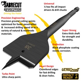 3 x SabreCut SCRIW38_3 38mm x 152mm Impact Rated Flat Wood Spade Bits Compatible with Bosch Dewalt Makita Milwaukee and Many Others