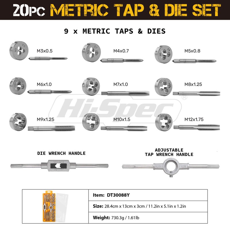 Hi-Spec 20pc Metric Tap & Die Set. Complete M3 to