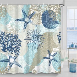 CRTPOD Nautical Coastal Shower Curtain, Ocean Beach Themed Bathroom Curtain Sea Starfish Coral Conch Bathroom Decor Waterproof Fabric Washable Bathtub Curtains Sets with Hooks 72" Wx72 L