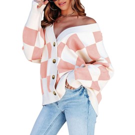 Dokotoo 2025 Women's V Neck Button Down Long Sleeve Plaid Cable Knit Cardigan Sweaters for Ladies Vintage Fall Checkered Cardigans Soft Lightweight Jacket Coats Small Pink