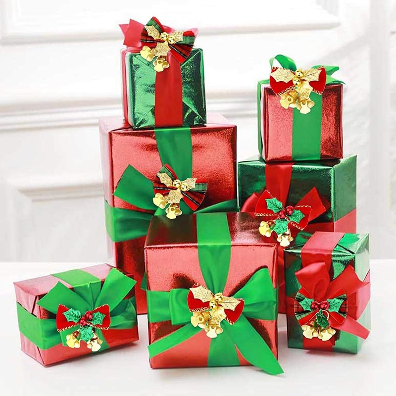 CHENLONB 24pcs Christmas Ornaments with Bells Bowknot Mini Ribbon Cute
