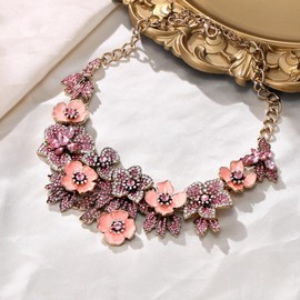 EVER FAITH Flower Statement Necklace, Vintage Rhinestone Crystal Enamel Floral Bib Collar Necklace for Women, Crystal