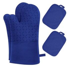 MILcea Oven Gloves, Pot Holder, Oven Gloves, Set of 4, Oven Gloves, Heat Resistant up to 300 °C, Non-Slip Protection, Extension, Soft, Baking Gloves, Cooking Gloves, Oven Gloves, Blue