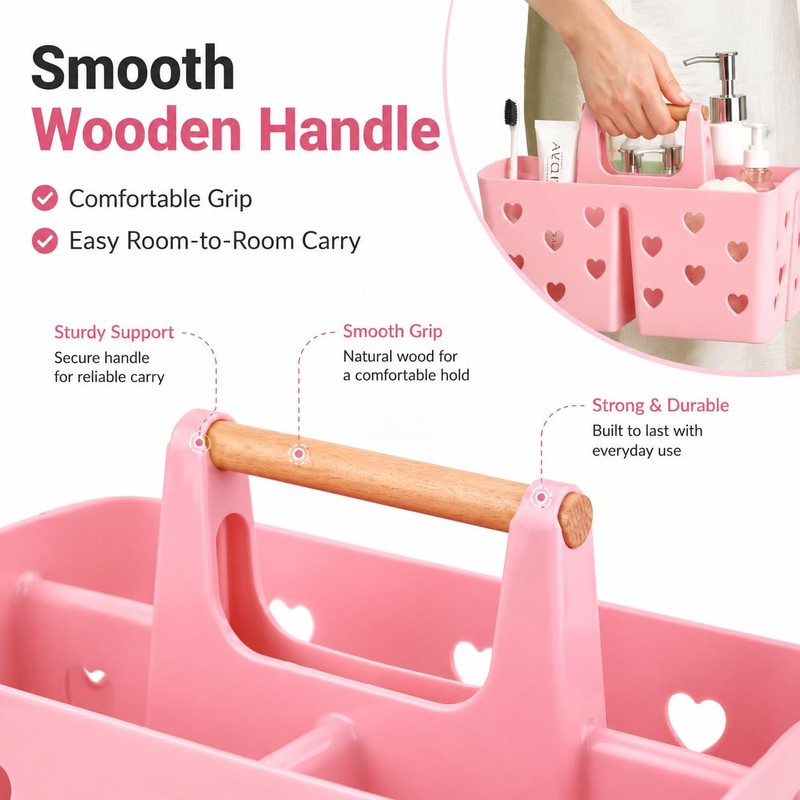 Pink Portable Shower Caddy with Wooden Handle, Plastic Shower Basket