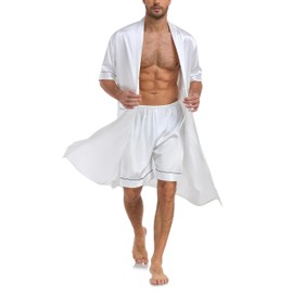 VOGMATE Men's Kimono Robe with Shorts 2 Pieces Silky Pajama Set Lightweight Satin Bathrobe Soft Sleepwear White L