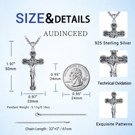 AUDINCEED St Benedict Crucifix Necklace for Men Women, 925 Sterling Silver Saint Benedict Medals Necklace Protection Catholic Orthodox Cross Necklace Birthday Christmas Jewelry Gift