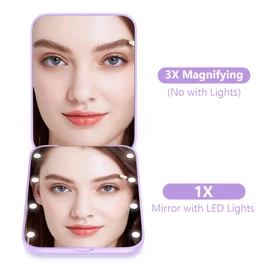 WOBSION Small Mirror with Lights,LED Compact Makeup Mirror,1x/3x Mini Travel Mirror with Magnification,Portable for Purse,Pocket,Gifts for Girls,Purple