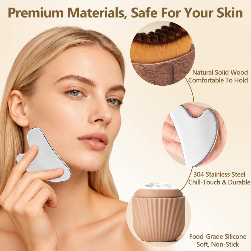3-in-1 Facial Massager Set, Walnut Face Brush, Stainless Steel Gua
