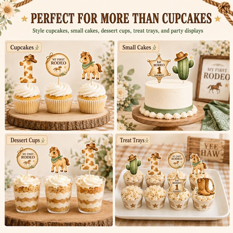 ALISSAR 36 Pcs My First Rodeo Cupcake Toppers, Western 1st