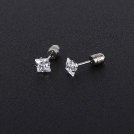 JMFENFA G23 Titanium Screw Back Cubic Zirconia Stud Earrings for Sensitive Ears Round Heart Square Princess Cut CZ Stud Earrings for Women, 3 mm, Titanium, Cubic Zirconia