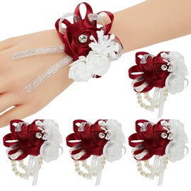 Meldel 4pcs Burgundy Wrist Corsage for Wedding, Rose Wine Red Corsages Set for Prom Bridal Bridesmaid Girl Women Mother Rose Hand Flower, Wrist Flower for Ceremony Anniversary, Party, Homecoming