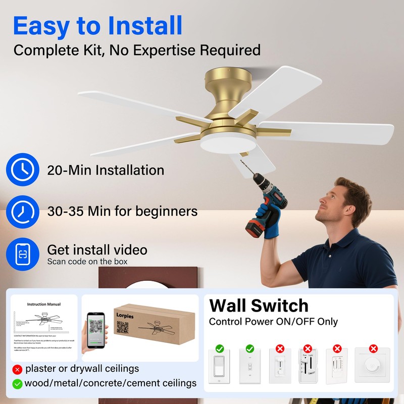 42 Inch Ceiling Fans with lights,RGB Low Profile Ceiling Fan
