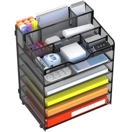 Docnest Multi-Functional Desk Organizer Tray, 6 Tier Paper Letter Tray Organizer with 3 Pen Holder, Mesh Desktop Organizer and Storage with 5 Adjustable Compartments for Office Supplies-Black
