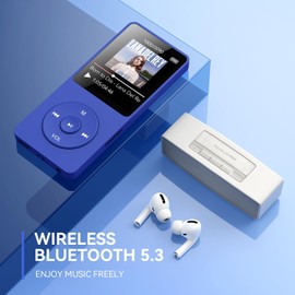 AGPTEK A02X 32GB MP3 Player with Bluetooth 5.3, 1.8 inch Screen Portable Music Player with Speaker, FM Radio, Voice Recorder, Supports Expanded Up to 128GB, Blue