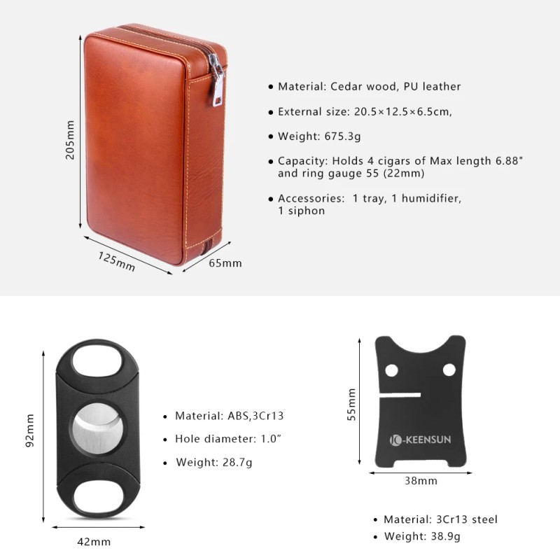 KEENSUN Cedar Wood PU Leather Cigar Travel Humidor Case Set