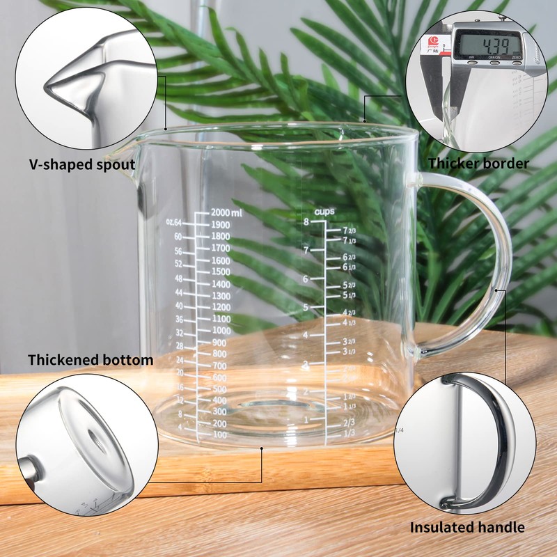 77L Glass Measuring Cup, [Insulated handle, V-Shaped Spout], High Borosilicate